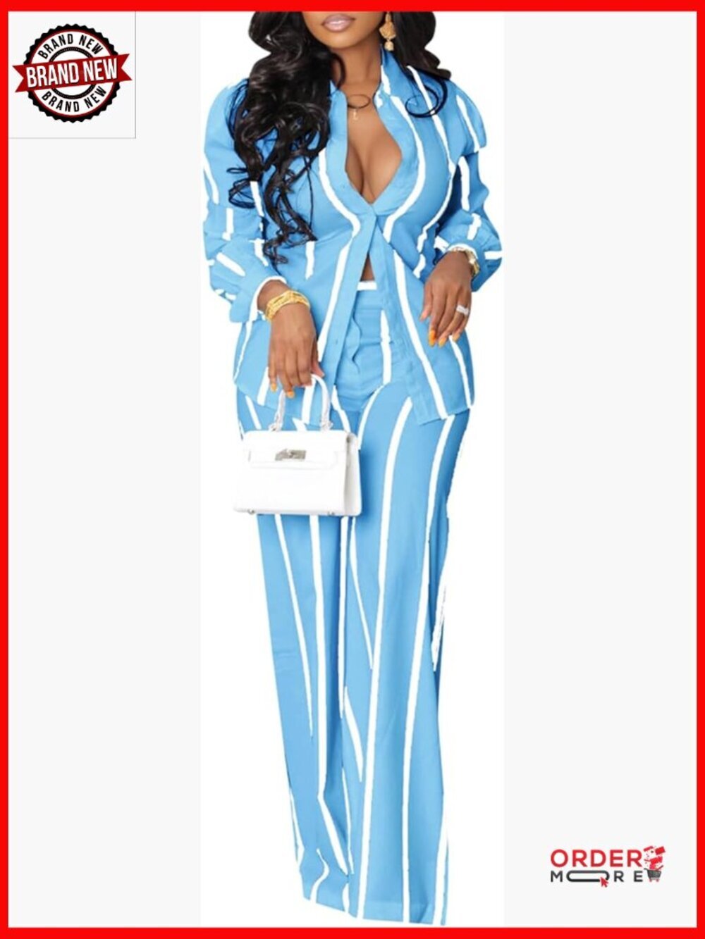 Striped Long Sleeve Button Down Shirt & Wide Leg Pants Set